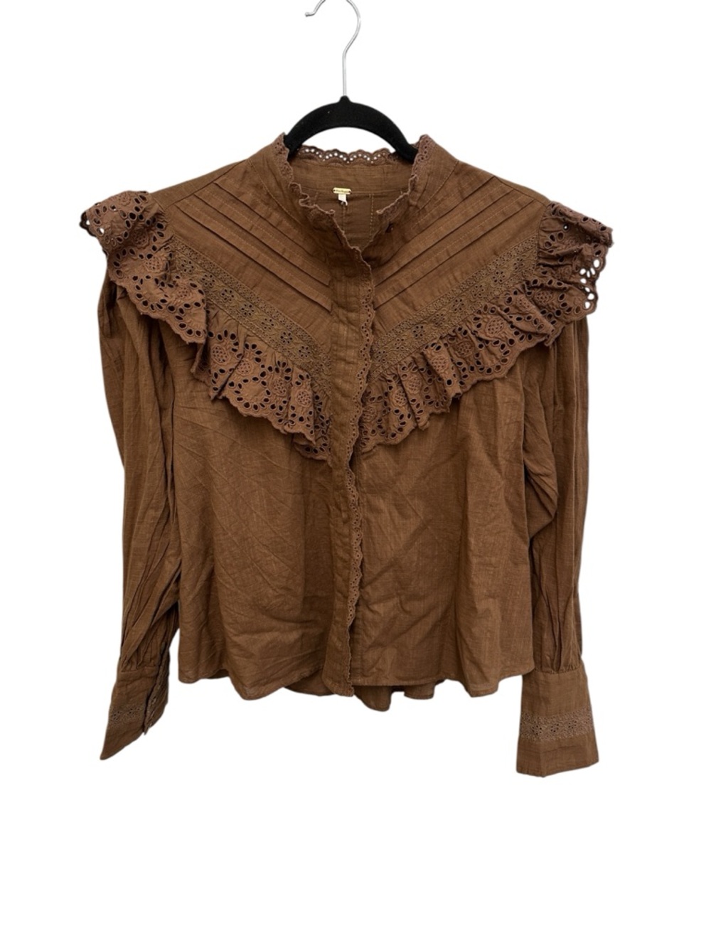 Free People Hit The Road button down blouse in Coffee Date eyelet ruffle yoke - Picture 3 of 14